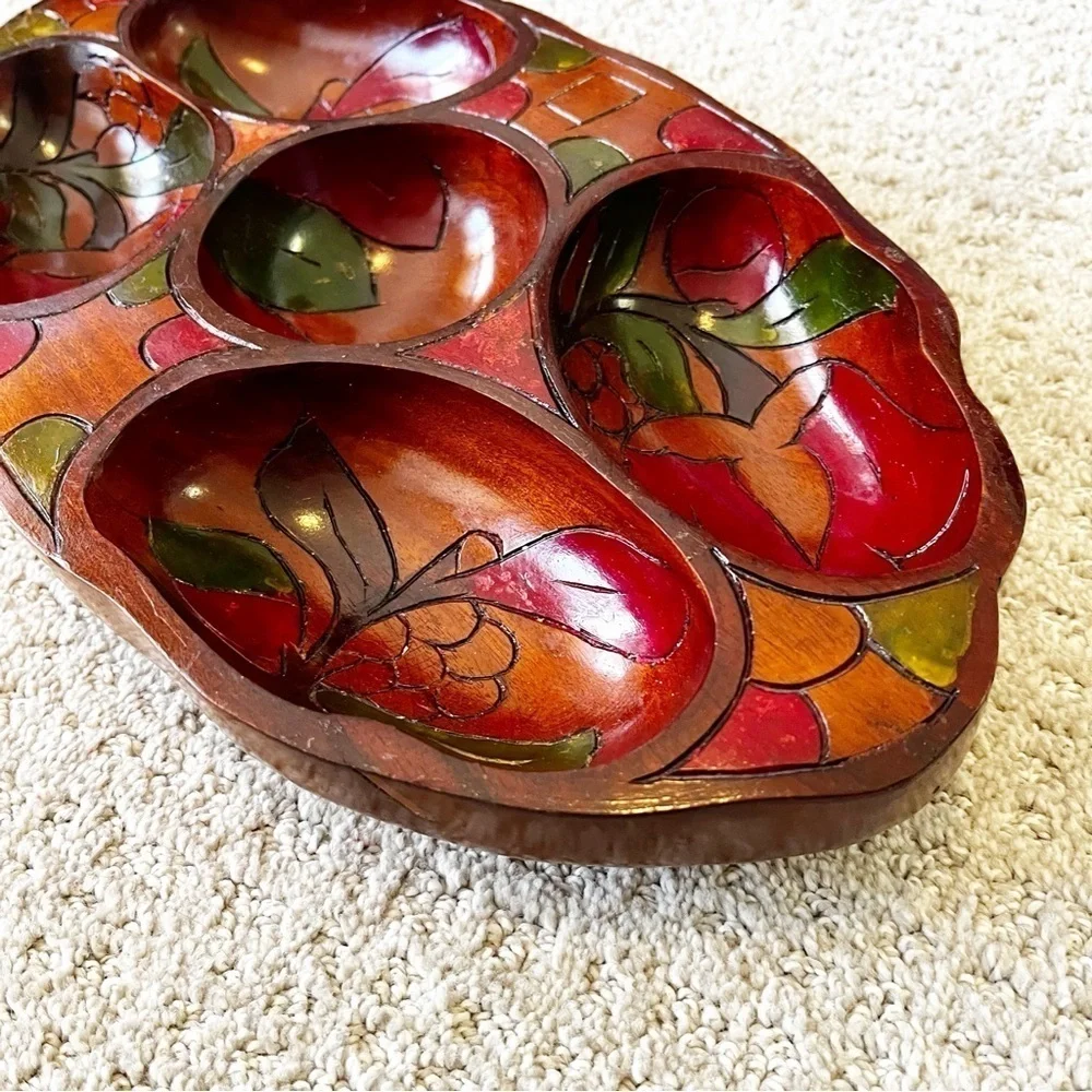 Vintage Mid Century Wooden Serving Bowl Snack Platter Boho Exotic Divided Carved